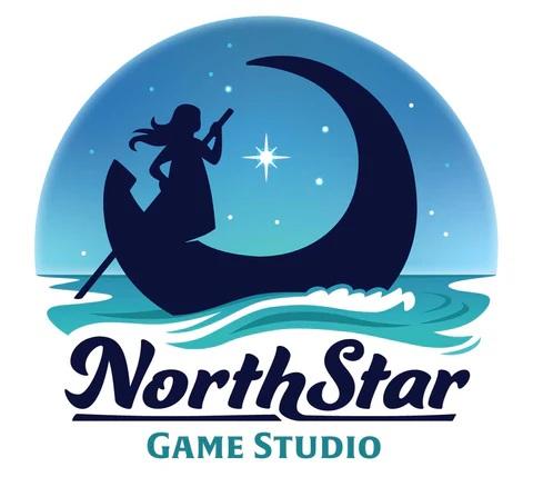 3/4 Mond als Boot, offen nach links, auf blau/türkis/weißen Wellen vor Nachthimmel; darin Mädchen im Profil mit Ruderstange, darunter North Star, unterstrichen, schwarz, darunter GAME STUDIO türkis
