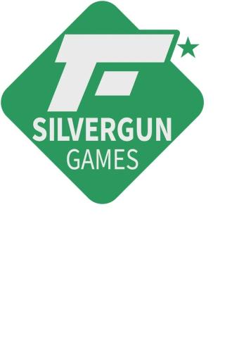 Grünes Quadrat, Rundecken, auf Ecke, darin stilisiertes F als Waffe, oberer Querbalken aus Quadrat ragend, rechts davon grüner Stern; unter F SILVERGUN fett, darunger GAMES normale Stärke