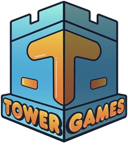 blauer Burgturm, zwei-seitig, Kante nach vorne als gelbes T, Tower am Fuß der linken Turmseite, GAMES im Fuß der rechten Seite, beides gelb