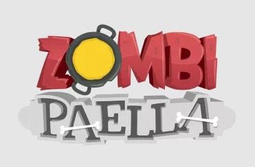 ZOMBI in 3D-Buchstaben, O eine Pfanne mit Farbfleck als Inhalt, darunter PAELLA auf 3D-Block gleich Buchstabensilhouette mit Halbkreisenden; verschiedene Farben je nach Spieleschachtel