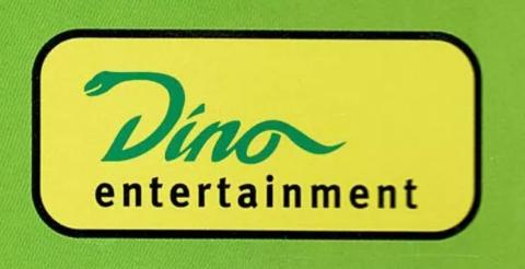 gelbes Rundecken -Rechteck  darin in Grün "Dino", auch mit "entertainment" in schwarz darunter