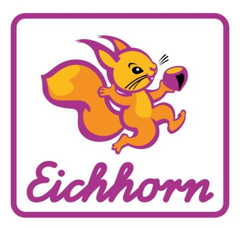 Eichhörnchen laufend, Profil rechts, orange gefleckt, lila gerahmt; darunter Richhorn in Schreibschrift, lila - alles in lila Quadratrahmen mit Rundecken