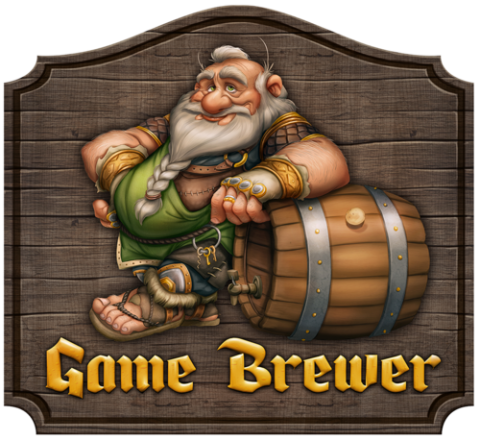 Game Brewer in wappenähnlichem Rahmen unter bärtigem Zwerg, der seitwärts an einem Fass lehnt
