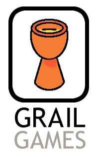 Rahmen schwarz, darin brauner Kelch, in öffnung gelb für Inhalt, unter Rahmen GRAIL schwarz, GAMES grau
