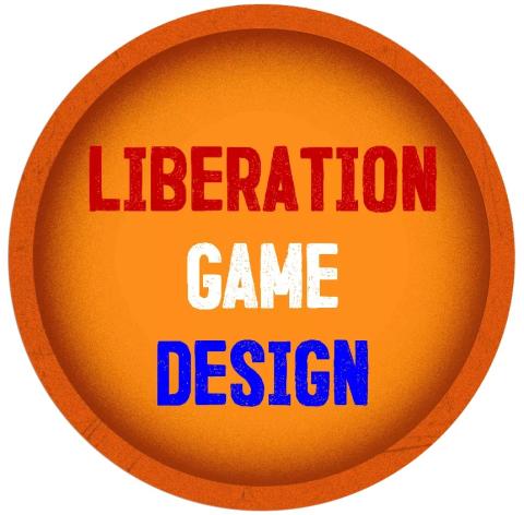 Oranger Kreis mit Rand, darin LIBERATION rot, darunter mittig GAME weiß, darunter mittig DESIGN blau