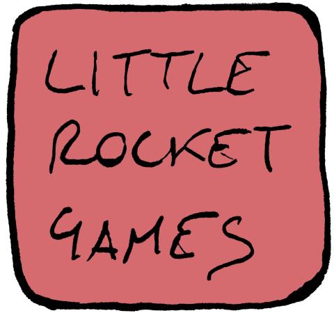 Farbiges unregelmäßiges Quadrat, shwarz gerahmt, darin in drei Zeilen LITTLE ROCKET GAMES, Zierschrift, schwarz