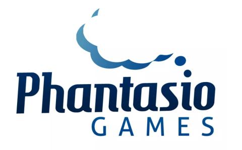 gewelltes band wie schräg liegendes C, blau; darunter Phantasio in dunkelblau, daruinter GAMES  blau wie band, rechtsbündig mit Phantasio