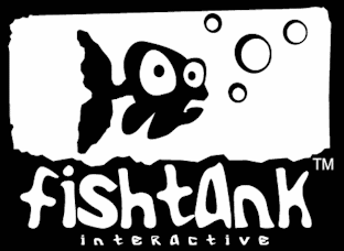 unregelmäiges rechteck, unregelmäig geteilt, oben weiß mit schwarzem Fischprofil und Luftblasen, unten schwarz, darin fishtank fett, darunter interactive dünn beides weiß