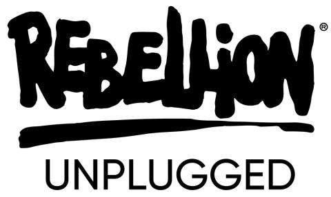 Rebellion in  Zierschrift, Blockbuchstaben, i klein, alle fett, unterstrtichen, darunter UNPLUGGED normale Stärke, Standardschrift