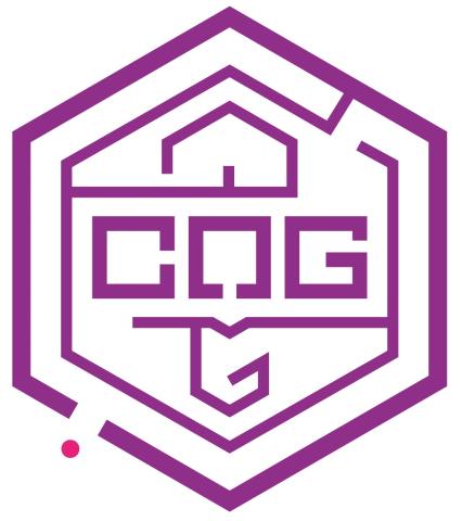 Sechseckumriß, lila, darin 2. Sechseckumriß, darin Quadrate offen zur Bildung von C O G, darüber und darunter abstrakte Formen aus Strichen, oben Haus, Unten T