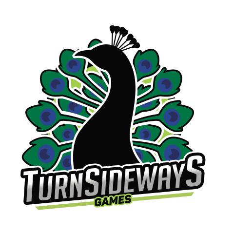 schwarzer Pfau,m Profil links, Federn grün/blau, scjhwarz gerahmt, anter Pfaum daran anschließend schräg "TURNSIDEWAYS, grün unterstrichen, unter SIDE im Strich GAMES