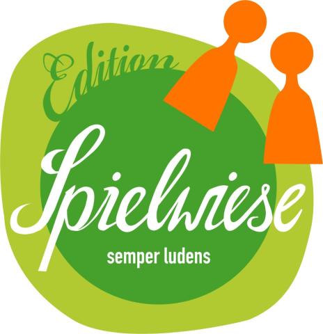 hellgrüner Klecks, darin dinkelgrüner Klecks mit Fransen als Grashalme, mittig quer durch Spielwiese darunter semper ludens, alles weiß, rechts oben am Rand zwei orange Pöppel