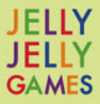 JELLY JELLLY GAMES in 3 Zeilen, jeder Buchstabe pro Wort mit anderer Farbe - orange, grün, lila, rot oder blau