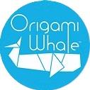 blauer Kreis, drin Origame Whale in zwei Zeilen über Origame Wal