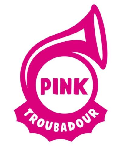 Posthorn-Umriss, rosa, nach rechts, im Kreis des Horns PINK, unter Horn rüschjenartige Banderole rosa, darin weiß  TROUBADOUR