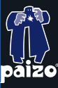 Abstrahierter Mann im Mantel mit erhobenen Händen, darunter paizo