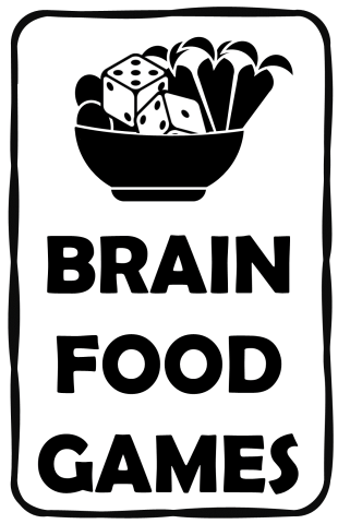 Schüssel mit Würfel und Gemüse, darunter in drei Zeilen BRAIN FOOD GAMES, alles schwarz in schwarzem Ramen, alles auf weißem Rechteck