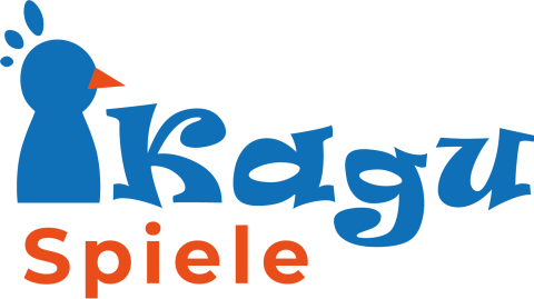 Vogelskilhouette blau, Profil rechts, Schnabel orange, 3 blaue Ovale als Federn, daneben Kagu in Zierschrift blau, darunter linksbündig zum Vogel Spiele in orange