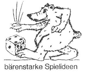 Bär gehend,deutsch im Profil links, linkes Bein kickt einen Würfel, uzweogt 4 oben, 1 links und 5 rechts