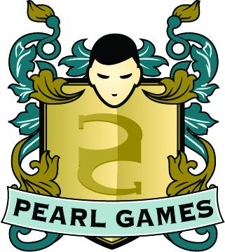 Gesicht über Wappentafel als Körper, rundherum Ornamente als Epauletten und Hände, unten quer Banderole PEARL GAMES  in schwarz auf grau