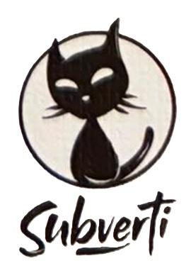 schwarze Katze auf hellem Kreis in schwarzem Rahmen, darunter oder daneben Subverti in Zierschrift