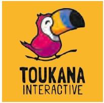Toukan in gelben Quadrat, Profil rechts, darunter Toukana, darunter Interactive