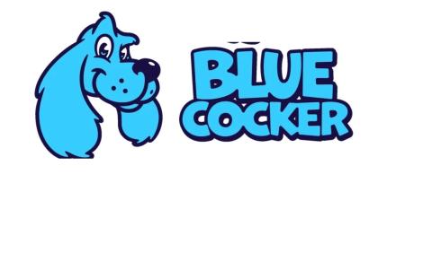 Cocker Spaniel Kopf, Profil nach rechts, im Comic-Stil, blau, rechts Schriftzug Blue Cocker fett