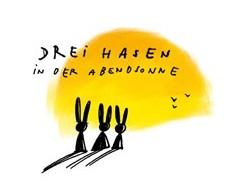 Gelkber Fleck für Sonne, darin Verlags Name, auch teilweise außerhalb,darunter 3 sitzende Hasen, Ohren und Kopf in Sonne,m Körper draussen