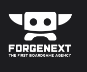 Rehteckgesicht,weiss auf schwarz; 2 punkte = Augen, 2Viertelkreise rechts und links wie Hörner, unter Kopf Bogen ähnlich Telefonhörer, darunter FORGENEXT darunter kleiner THE FIRST BOARDGAME AGENCY