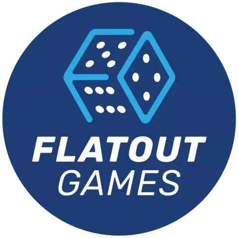 Blauer Kreis, darin D6 mit oben 5, darunter 6, rechts 5, unter D6 FLATOUT GAMES in zwei Zeilen, weiß, Flatout dicker als Games
