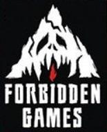 Bergsilhouette als Horror-Gesicht, weiß auf schwarz, Zunge rot, darunter FORBIDDEN darunter GAMES, beides weiß