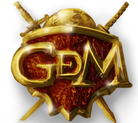 Japanischer Kriegerhelm in Gold mit rotem Schleier, darin GDM, D kleiner als GDM, alle Gold, hinter Helm gekreuzteSchwerter, nur Enden oben und unten sichtbar