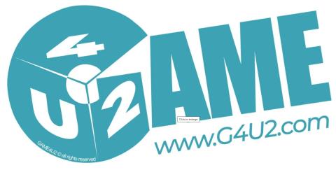 Würfel  als G, blau, Schrift weiß, sichtbar vorne linkU, rechts 2, oben 4; danemen AME blau, darunter www.G4U2.com