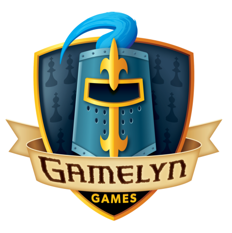 Wappenschild, darin Ritterhelm, graublau, blaue Feder über wappenrahmen, im Helm Emblem mit 2 Lilien über und unter Visor, iunten im Schild beige Banderole mit GAMELYN. Games im Schild unter Banderole