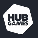 HUB darunter GAMES, kleiner, dünner, in zwei Zeilen in schräg stehendem weißen Sechseck