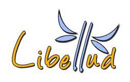 Schriftzug Libellud in gelb mit den beiden lls in blau und links und rechts davon Blätter ähnlich Schmetterlinsflügeln, gleiche Farbe wie lls, auch einfarbig