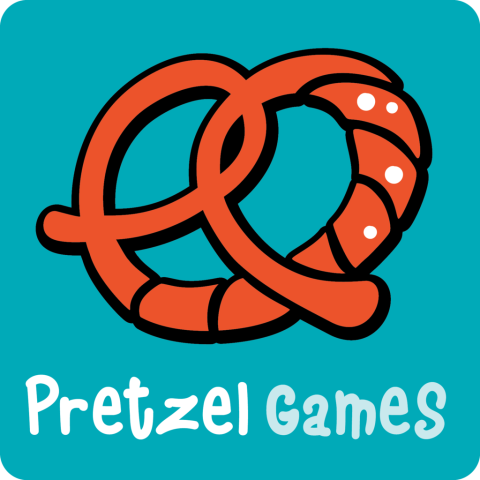 Rote Bretzel, Doppelbiegung nach oben, rechts weiße Punkte für Salz, dnter Bretzel Pretzel Games in weiß, alles in türkisgrünem Quadrat