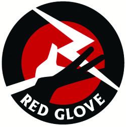 Schwarzer Kreis, darin roter Kreis, darin sehr abstrakte schwarze Hand mit weißem Schatten, hält weißen Blitz, im schwarzen Kreisrand "Red Glove"