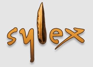 Schriftzug sylex in zierschrift, l wie langes Blatt oder Stein-Speerspitze, schattiert