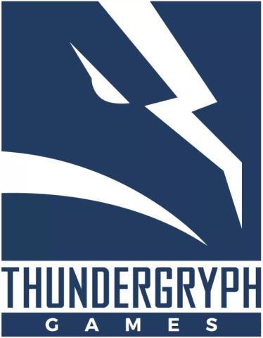 Dunkles Recheck, darin Blitze ähnlich abstrakten Vögeln, darunter weißer Querbalken mit THUNDERGRYPH in schwarz, im Restrechteck darunter GAMES in weiß, klein