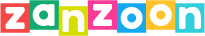 zanzoon in weiß auf farbigen quadraten, rot, grün, gelb, lila, blau, orange, türkis von links nach rechts