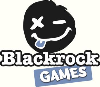 Schwarzer Fleck wie gesicht mit x und - als auge, Bogen als Mund, Fleck als Zunge, darunter Blackrock weiß auf schwarz, darunter GAMES weiß auf grau