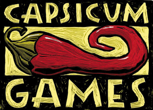 Gelbes Rechteck, darin liegende Chilischote, Stiel links, darumer CAPSICUM gelb auf schwarz, darunter GAMES gelb auf schwarz. Beides Rechteckbreite