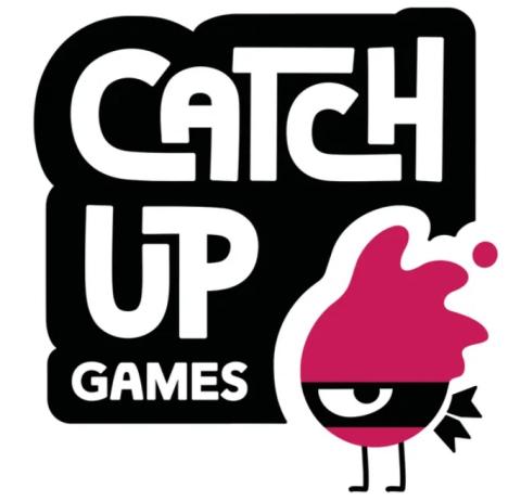 Figur rosa-schwarz-rosa, 2-fach Schwanz+Beine schwarz, 1/2 Auge im schwarzen Streifen, oben rosa = 3-Zipfel-Mütze, rosa Punkt über mittlerem;, daneben und darüber CATCH UP GAMES weiß in schwarz