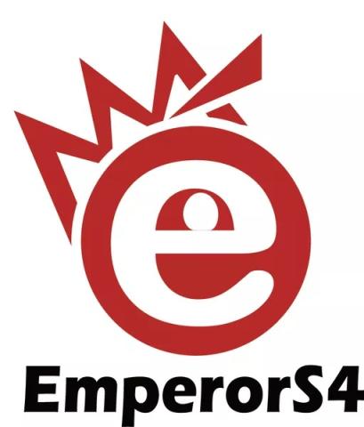weißes "e" im roten Kreis, im e weißer Punktal Auge, schräg links auf Kreis rote dreizackige Krone mit Keil in rechter Zacke, Kreis undnd Krone weiß umrandet, darunter EmperorS4 schwarz