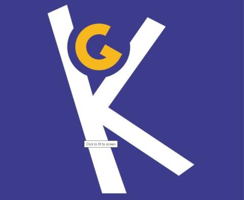 K schräg, weiß, auf linkem Strich stehend, gelbes G im oberen Winkel des K, alles auf blauem Rechteck