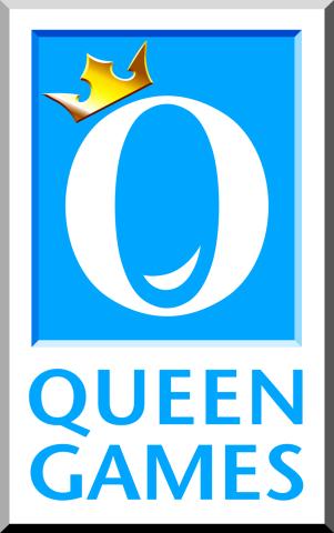 Weißes Hochkant-Rechteck, Q mit Krone in weiß auf blau, QUEEN GAMES in blau auf weiß