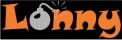schwarzes Rechteck, Schriftzug Lonny, Zierschrift orange auf schwarz, o als Bombe in grau