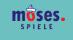 moses in Kleinbuchstaben, blau, o rot, daneben roter Punkt, darunter SPIELE, Schiff/Matrosenhut auf O