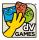 gelbe Hand mit blauer, roter und gründer Maske, rechts von Hand und unter grüner Maske dV Gamesi in zwei Zeilen, alles in Quadrat mit 2 gerundeten Ecken